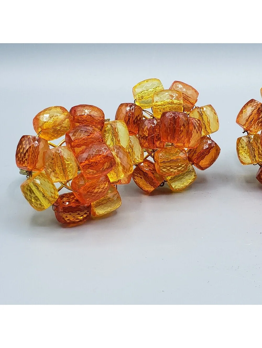 4 Orange Yellow Beaded Napkin Rings Faceted Gold Metal Wire Wrapped Spring